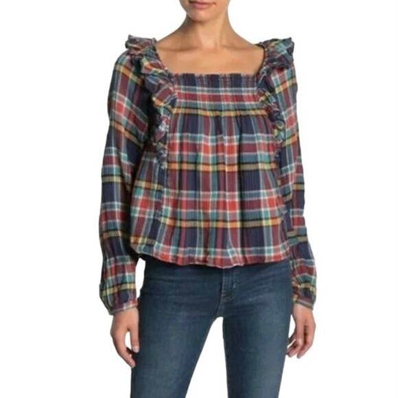 We The Free People Size M Sienna Madras Plaid Ruffle Tie Back Top Blouse Shirt - Picture 1 of 7
